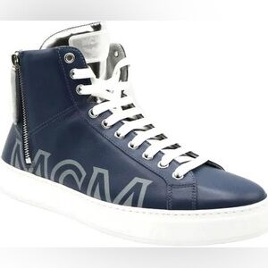 MCM Men's Estate Blue Leather Hi Top With Silver Trim Sneakers
